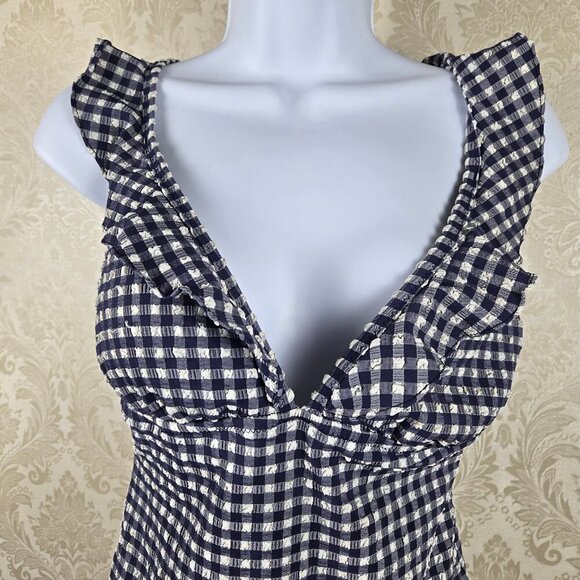 J Crew Size 8 Blue White Gingham Check One Piece Swimsuit Adj Ruffle Straps - Picture 2 of 13